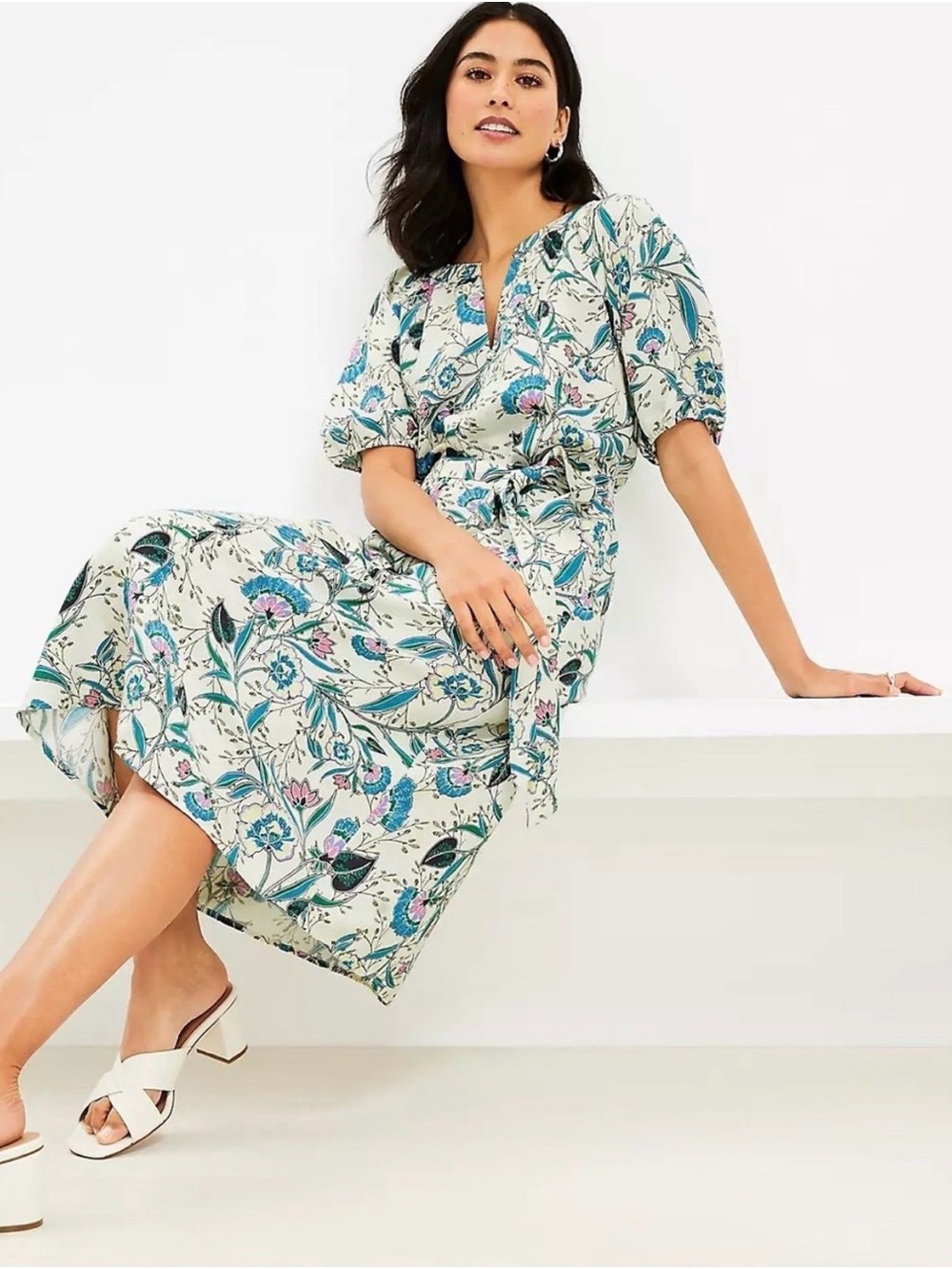LOFT linen floral Midi Dress with Teal & Pink Floral Print